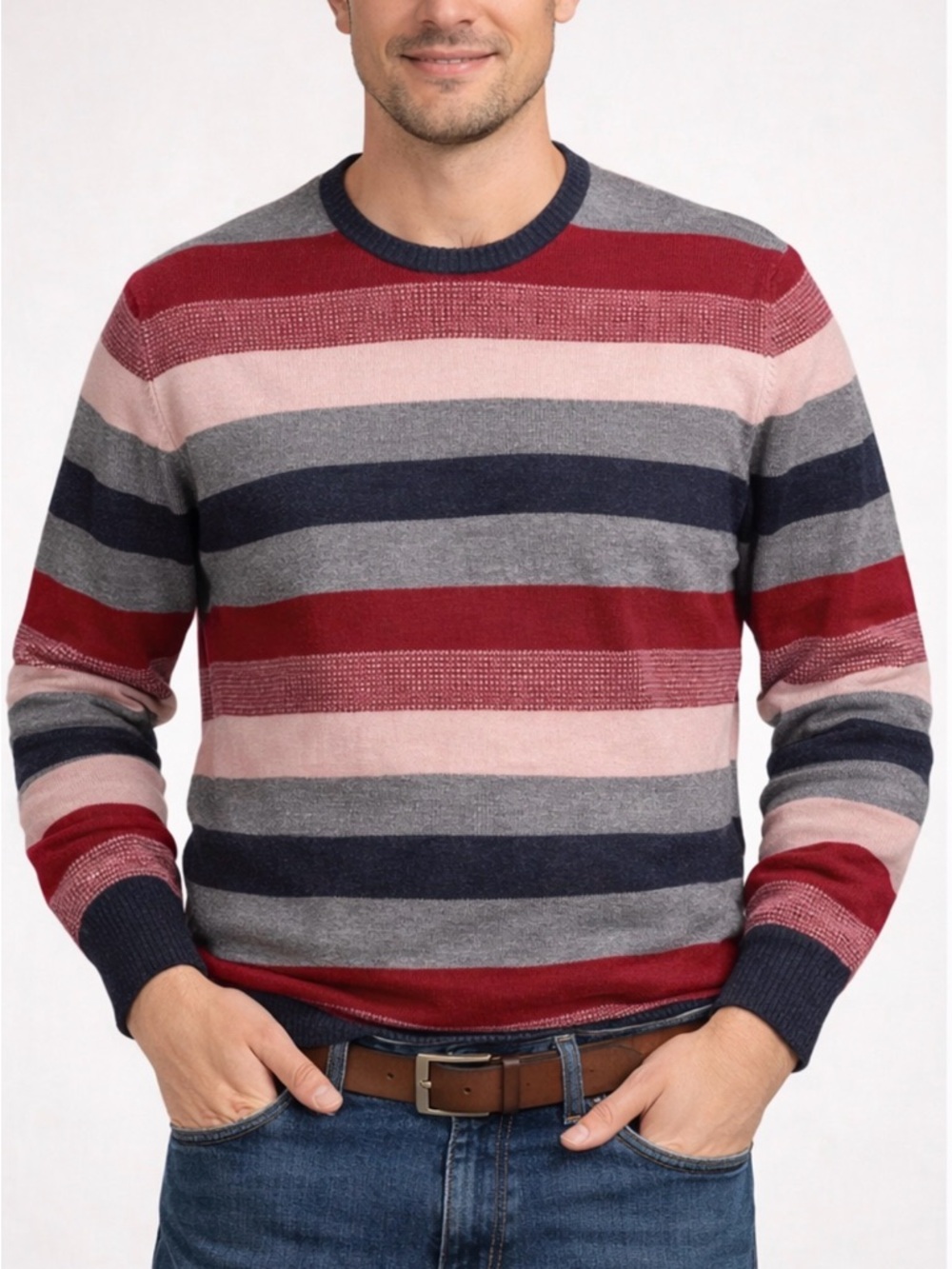 LC Waikiki Striped Knit Sweater Mens L Red Gray Navy Crewneck